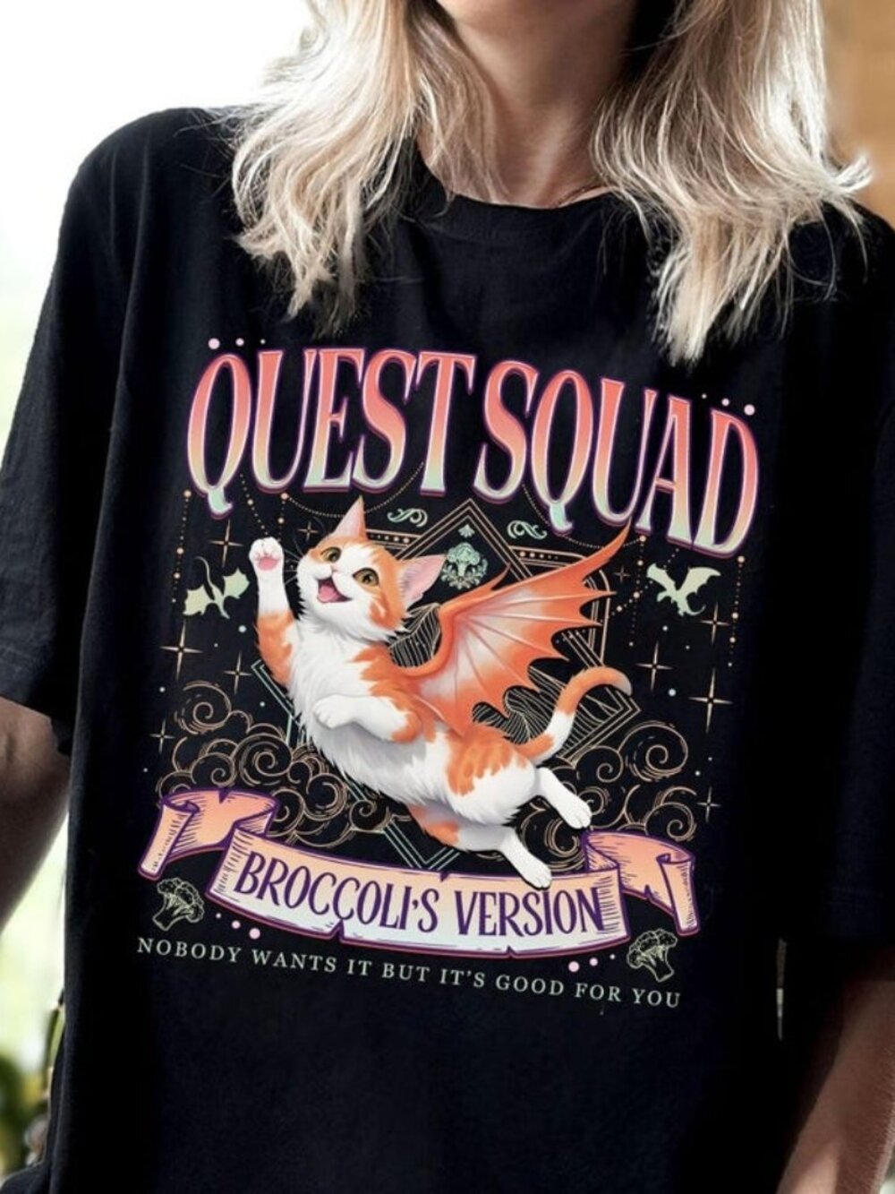 Quest Squad Broccoli Cat T-shirt, Dragon Rider Book Tee